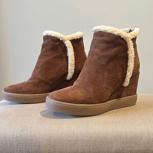 Aquatalia Charlie Chestnut Brown Suede & Shearling Wedge Boots